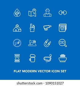 Modern, simple vector icon set on blue background with landscape, beer, machine, dinner, sign, pub, mask, dish, pin, magnetic, craft, time, science, pole, bar, road, web, addiction, find, hot icons