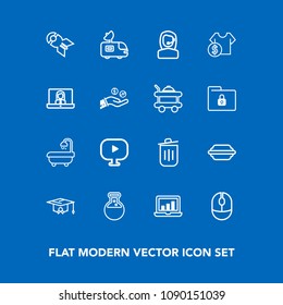 Modern, simple vector icon set on blue background with television, laptop, tv, bathroom, food, hamburger, college, modern, mouse, weapon, white, call, computer, medicine, nuclear, van, video icons