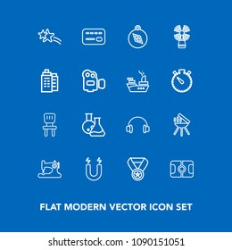 Modern, simple vector icon set on blue background with technology, holiday, sound, craft, win, tool, home, money, field, magnetic, card, grill, room, sport, star, award, laboratory, shiny, pitch icons