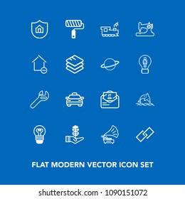 Modern, simple vector icon set on blue background with electric, protect, hyperlink, transport, tool, link, roll, nature, bulb, seedling, music, retro, paint, record, post, house, tree, roller icons