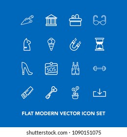 Modern, simple vector icon set on blue background with label, sport, workout, business, security, web, shoe, sos, exercise, tree, greece, public, money, gym, high, greek, uniform, work, saw, sun icons