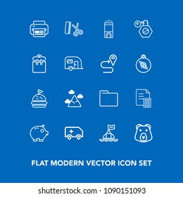 Modern, simple vector icon set on blue background with economy, bear, medical, emergency, hair, sandwich, bank, room, mountain, finance, hotel, blue, life, office, paper, landscape, professional icons