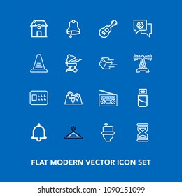 Modern, simple vector icon set on blue background with usb, hour, building, alert, bank, clothing, guitar, travel, lock, technology, cable, bell, toilet, sound, clothes, location, music, safe icons