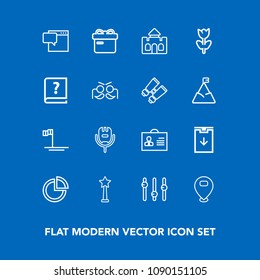 Modern, simple vector icon set on blue background with bubble, internet, castle, presentation, song, woman, map, blue, gift, beach, medieval, web, holiday, architecture, location, box, baja, pie icons