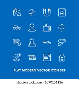 Modern, simple vector icon set on blue background with architecture, sea, account, estate, white, food, transport, field, online, engineer, gun, pole, seafood, purse, travel, railway, sky, cash icons