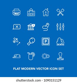 Modern, simple vector icon set on blue background with building, medieval, transport, street, summer, travel, paddle, fashion, nature, architecture, forest, envelope, juice, tree, chicken, snack icons