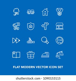 Modern, simple vector icon set on blue background with glove, rewind, competition, domestic, sea, service, housework, boat, ironing, magnifying, ocean, boxing, audio, player, network, iron, find icons