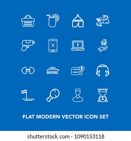 Modern, simple vector icon set on blue background with summer, ocean, baja, sea, headphone, clock, juice, snack, meal, water, fitness, mexico, bank, gym, yacht, glass, money, music, audio, time icons