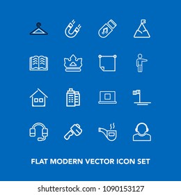 Modern, simple vector icon set on blue background with profile, beach, clothes, science, screwdriver, internet, retro, classic, music, blue, baja, architecture, tobacco, pipe, business, estate icons