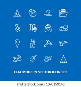 Modern, simple vector icon set on blue background with online, uniform, pin, clothing, hand, shuttle, adventure, tent, camp, outdoor, space, machine, wear, map, science, sunrise, morning, work icons