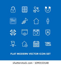 Modern, simple vector icon set on blue background with schedule, sign, machine, house, money, control, estate, transportation, timetable, magnetic, clean, rail, train, blue, aircraft, gold, bank icons