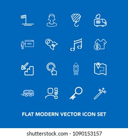 Modern, simple vector icon set on blue background with avatar, big, travel, construction, wizard, hand, location, touch, ocean, transport, up, office, clock, magic, personal, door, house, down icons