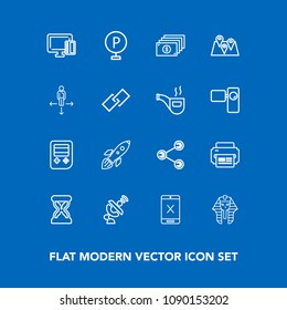 Modern, simple vector icon set on blue background with payment, finance, lot, launch, cord, egyptian, button, printer, space, time, egypt, money, sand, car, clock, communication, urban, global icons