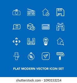 Modern, simple vector icon set on blue background with direction, search, compass, photography, home, electric, diskette, roller, estate, sound, audio, camera, computer, communication, bulb, web icons