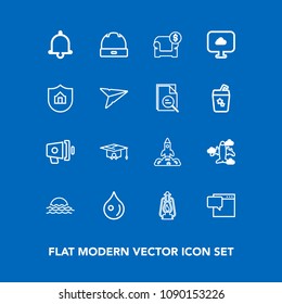 Modern, simple vector icon set on blue background with college, aircraft, speech, sunrise, chat, morning, nature, message, fashion, loud, hat, liquid, bell, rocket, lamp, shuttle, drop, metal icons