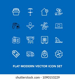 Modern, simple vector icon set on blue background with sale, style, leather, letter, price, antenna, table, left, light, tag, signal, bottle, bag, pub, post, highway, radio, liquid, home, drink icons