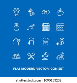 Modern, simple vector icon set on blue background with paddle, sky, leaf, roof, money, business, tropical, apartment, finance, fitness, alcohol, favorite, car, lamp, bar, home, satellite, table icons