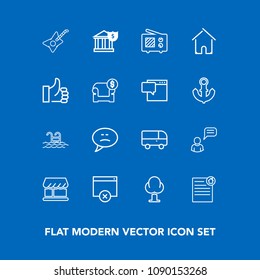 Modern, simple vector icon set on blue background with white, wireless, environment, guitar, summer, money, sign, shop, swimming, architecture, real, nature, banking, pool, antenna, signal, bank icons