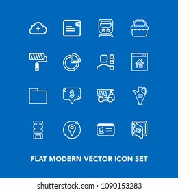 Modern, simple vector icon set on blue background with safe, internet, business, tipper, truck, document, travel, file, folder, dollar, white, cooler, safety, paper, dump, dumper, security, bank icons