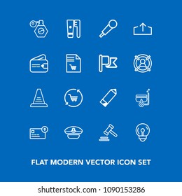 Modern, simple vector icon set on blue background with ladder, bottle, snorkel, sea, cap, water, sound, cash, captain, currency, retail, courthouse, concept, justice, lawyer, mask, clean, pen icons