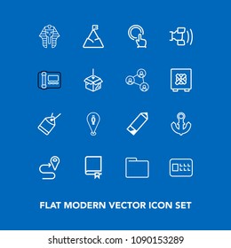 Modern, simple vector icon set on blue background with sea, nature, pharaoh, encyclopedia, folder, blank, safe, sale, ship, lock, navigation, landscape, travel, map, pin, road, study, egyptian icons