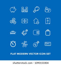 Modern, simple vector icon set on blue background with bowling, food, folk, wallet, chicken, yacht, economy, sea, paintbrush, bank, sport, ball, celebration, music, water, present, paint, player icons