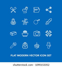 Modern, simple vector icon set on blue background with paper, location, control, web, dinner, tool, aerial, equipment, light, folder, photo, boat, style, material, water, wrench, construction icons