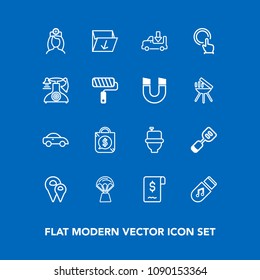 Modern, simple vector icon set on blue background with kitchen, transportation, road, bathroom, touch, price, sale, garbage, utensil, music, tool, care, rubbish, restroom, box, tag, shipping, wc icons