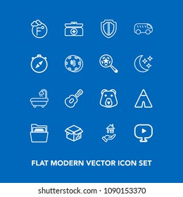 Modern, simple vector icon set on blue background with temperature, fahrenheit, cardboard, house, package, blank, media, interior, sign, rent, property, grizzly, cross, thermometer, file, camp icons