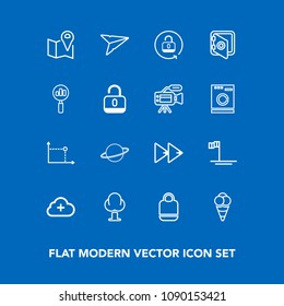 Modern, simple vector icon set on blue background with bag, object, message, planet, security, leather, mexico, cloud, baja, cream, ice, food, ocean, email, fashion, audio, location, geometry icons