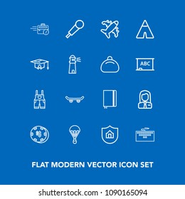 Modern, simple vector icon set on blue background with sky, office, work, karaoke, plane, laptop, mic, music, computer, business, wear, board, game, extreme, employer, paper, gambling, audio icons