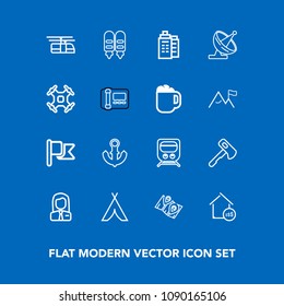 Modern, simple vector icon set on blue background with screwdriver, blue, train, rail, tent, construction, sky, estate, employee, map, house, job, building, adventure, anchor, axe, location,  icons