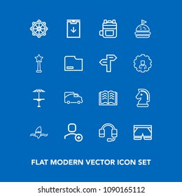 Modern, simple vector icon set on blue background with vehicle, cafe, light, surfer, paper, headset, ocean, pub, chessboard, helm, nautical, web, call, wear, user, microphone, shorts, wheel, van icons