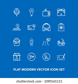 Modern, simple vector icon set on blue background with tv, check, sea, traffic, pay, microphone, road, pin, song, tower, voice, street, communication, container, fashion, music, sign, internet icons