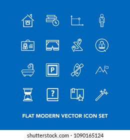 Modern, simple vector icon set on blue background with modern, business, click, paddle, nature, wand, street, hourglass, home, sign, house, pen, boy, oar, hour, boat, coin, vehicle, road, old icons