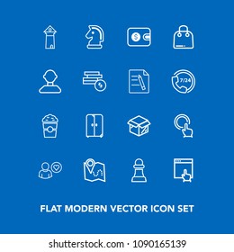 Modern, simple vector icon set on blue background with cafe, web, cash, shop, road, cabinet, hand, cupboard, game, internet, finance, online, landmark, chess, money, location, click, map, box icons
