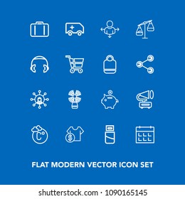 Modern, simple vector icon set on blue background with computer, finance, direction, retro, price, screen, calendar, timetable, medical, thermometer, plug, airport, cable, luggage, vintage, sale icons