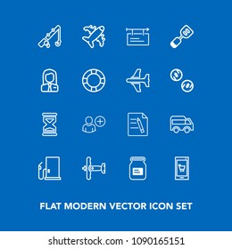 Modern, simple vector icon set on blue background with oil, billboard, business, user, left, file, tin, online, mobile, bus, banner, fuel, reel, container, technology, paper, gas, airplane, fish icons
