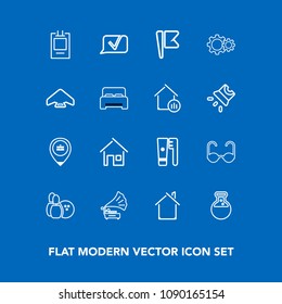Modern, simple vector icon set on blue background with nation, record, tool, gramophone, chat, hygiene, home, health, vintage, ball, national, sunglasses, house, sport, parachute, pin, glasses icons