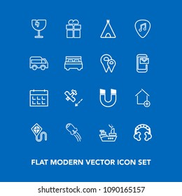 Modern, simple vector icon set on blue background with joy, headset, ship, tent, schedule, travel, flight, field, crash, giftbox, pole, sky, new, kite, craft, summer, house, glass, day, magnetic icons