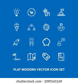 Modern, simple vector icon set on blue background with chat, world, label, astronomy, person, trolley, idea, night, star, map, concept, identity, safety, tag, cart, chief, comfortable, sky, cook icons