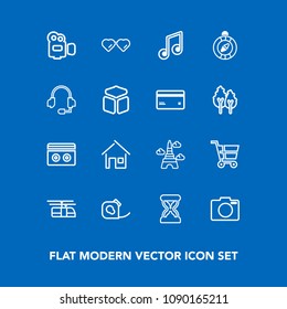Modern, simple vector icon set on blue background with friction, time, sunglasses, shop, hour, stereo, equipment, building, eiffel, sand, musical, compass, paris, tower, sun, handle, insulating icons