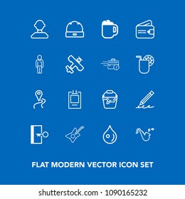 Modern, simple vector icon set on blue background with rain, abstract, white, container, money, water, internet, male, clean, navigation, pen, profile, trumpet, road, location, drop, drink, hat icons