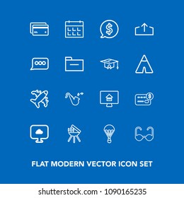 Modern, simple vector icon set on blue background with calendar, extreme, trumpet, bugle, debit, musical, real, banking, balance, cooking, airplane, bank, fashion, jazz, schedule, cloud, money icons