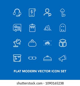 Modern, simple vector icon set on blue background with bag, headset, interior, business, sign, web, phone, home, sun, call, wheel, loudspeaker, technology, internet, person, square, table, style icons