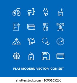 Modern, simple vector icon set on blue background with wheel, magnifying, search, bag, technology, helm, ship, airport, rudder, loudspeaker, banking, announcement, loud, sign, web, computer, no icons