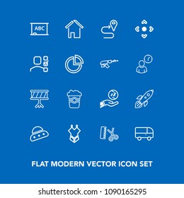 Modern, simple vector icon set on blue background with swimsuit, space, location, cup, technology, shuttle, bikini, finance, music, mug, dollar, hair, house, transport, speed, drum, building icons