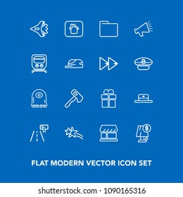 Modern, simple vector icon set on blue background with shiny, hammer, axe, cap, home, road, building, blank, shop, tool, fashion, package, aircraft, lamp, house, box, folder, office, estate, jet icons
