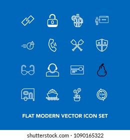 Modern, Simple Vector Icon Set On Blue Background With Car, Sea, Glasses, Grenade, Hyperlink, Boat, Help, Transportation, Fruit, Pear, Support, Audio, Ocean, Protection, Music, Link, Web, Stereo Icons