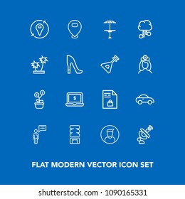 Modern, simple vector icon set on blue background with network, cooler, supermarket, global, investment, pub, list, tree, vehicle, cafe, palm, internet, money, table, male, growth, shopping, bar icons